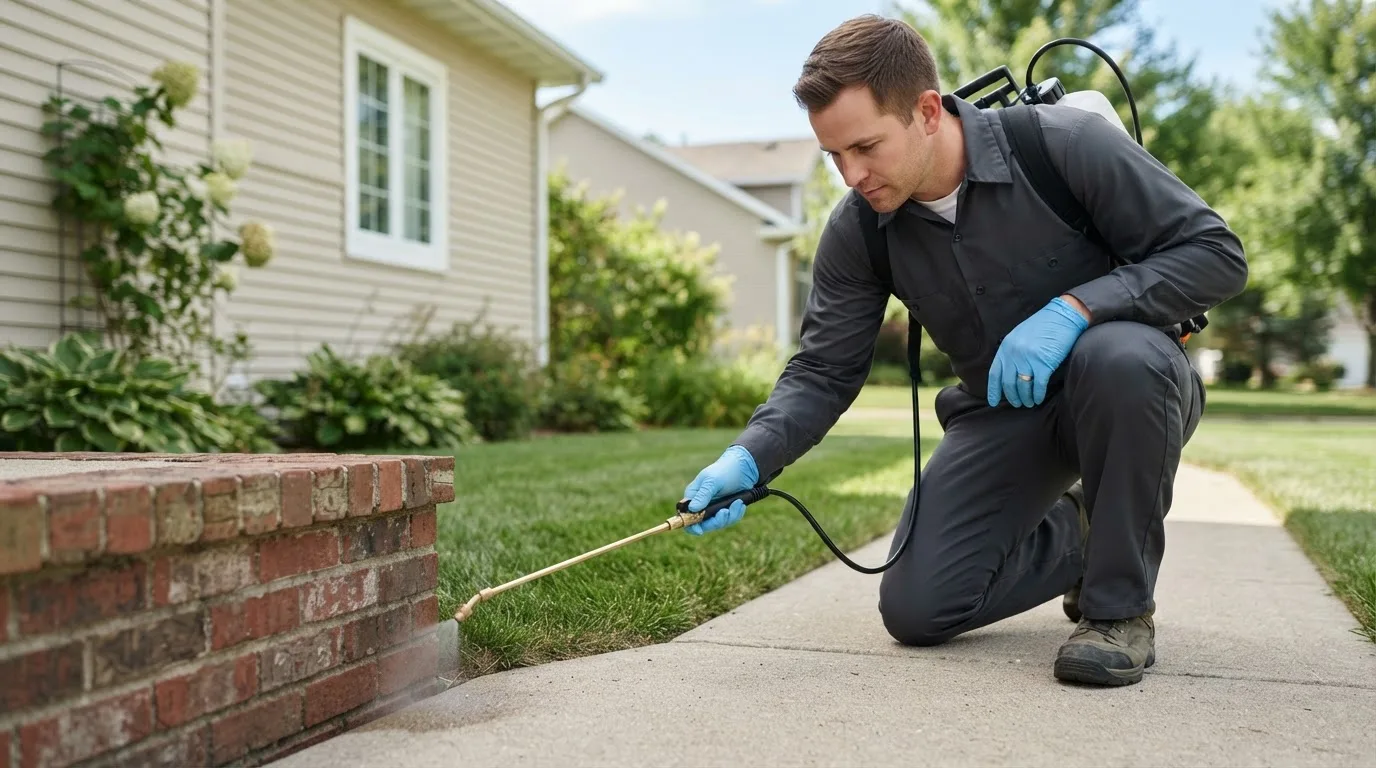 Pest control technician treating a home near Prosperity, WV