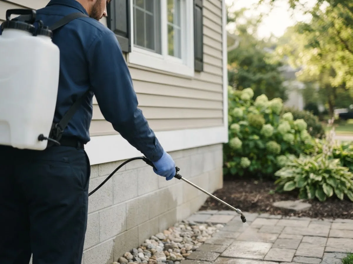 Pest control technician inspecting a home in Prosperity, WV